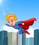 Cartoon superhero boy with skyscraper background