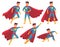 Cartoon superhero character. Muscular male standing in super cool pose in superheroes costume with waving cloak. Hero