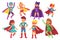 Cartoon superhero kids characters. Joyful kid wearing super hero costume with mask and cloak. Children superheroes