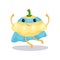 Cartoon superhero pattypan squash character in blue cape, mask and pants ready to fight