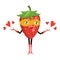 Cartoon superhero strawberry in orange mask. Funny fruit super hero. Vector illustration on white background.