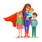 Cartoon superhero woman in red cape, mother superhero