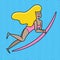 Cartoon surfer girl in pink swimsuit, vector illustration