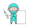 Cartoon Surgeon Holding a Syringe with Blank Banner Vector Illustration