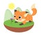 Cartoon surprised cute little fox found a flower. Hand drawn foxy. Cartoon character fluffy pet animal with beautiful tail, for ki