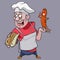 Cartoon surprised man cook holding a bread and a sausage