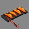 Cartoon sushi salmon slices lying on the stone tray with wooden chopsticks