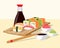 Cartoon sushi and sashimi. Asian dish with salmon and rice. Japanese cuisine concept. Wooden plate and chopsticks. Fish