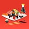 Cartoon Sushi Sashimi On A Plate With Soy Sauce Chopstick