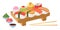 Cartoon sushi set. Japanese seafood dishes, sushi rolls, soy sauce, ginger and wasabi, traditional Japanese cuisine flat vector