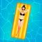 Cartoon sweet girl in sun glasses is floating on an inflatable mattress in the pool at private villa. Young woman enjoying suntan