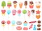 Cartoon sweets. Sweet ice cream, cupcakes and chocolate candies. Delicious donut, cookies and candy on stick vector