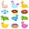 Cartoon swim rings, pool games rubber toys, colorful lifebuoys. Swimming circles, cute pool watermelon, donut and duck