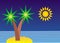 Cartoon symbolic landscape. Island with palm trees, the sea and the sun.