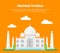 Cartoon Taj Mahal Symbol of India Background Tourism Concept Card Poster. Vector