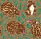 Cartoon tapirs seamless pattern. Brown tapirs with light stripes in the leafs. Vector illustration