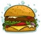 Cartoon tasty big hamburger vector sticker icon