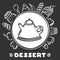 Cartoon teapot with food on black background. Hand drawn illustration. Dessert time.