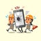 Cartoon technicians helping broken smartphone