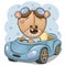 Cartoon Teddy Bear in glasses goes on a Blue car