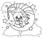 Cartoon teddy bear sits on the crescent moon and tells something outlined for coloring on a white background