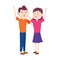 Cartoon teen couple with arms up, flat design