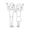 Cartoon teen couple with arms up, flat design