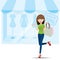 Cartoon teenage girl shopping on shop background