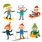 Cartoon teenaged boys in winter clothes, cartoon vector illustration