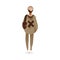 Cartoon teenager boy in trendy beige outfit seen from back view - male fashion