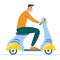 Cartoon teenager driving scooter. Side view of young male with motorcycle. Vector illustration. Isolated cute driver moving