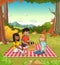 Cartoon teenagers having a picnic in the park with grass and trees.