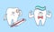 Cartoon teeth. Healthy strong tooth and sick, aching tooth with toothache and thermometer.