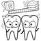 Cartoon teeth with toothbrush and dental floss. Vector black and white coloring page.