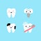 Cartoon Teeth. Various healthy and with caries, cute tooth with toothbrush and toothpaste, braces and denture. Orthodontic