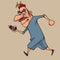 Cartoon tense man walking fast looking at smartphone