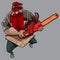 Cartoon terrible bearded man with chainsaw in his hands