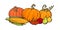 Cartoon Thanksgiving autumn food pumpkins, corn, berries, pear and apples. Harvest festival greeting card. Vector