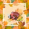 Cartoon thanksgiving turkey character in hat holding pumpkin and corn harvest, autumn holiday bird vector illustration