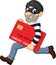 Cartoon thief in a mask stealing a bank credit card and running