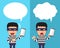 Cartoon thief with smartphone expressing different emotions with speech bubbles