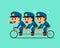 Cartoon three policemen ride tandem bicycle