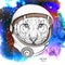 A cartoon tiger in an astronaut`s space suit. Character in space. Vector illustration