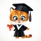 Cartoon tiger cub in graduate hat holding a diploma tied with ribbon isolated on white background