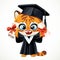 Cartoon tiger cub in graduate hat holding a two diplomas tied with ribbon isolated on white background