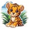 A cartoon tiger cub sitting in the grass.