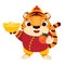 Cartoon tiger with golden boat yuanbao ingot and tangerines. Happy Chinese new year celebration character for 2022