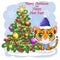 Cartoon tiger in a hat and scarf with a gift near the Christmas tree. Winter time. Children's style, sweetheart. Happy