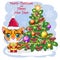 Cartoon tiger in a hat and scarf with a gift near the Christmas tree. Winter time. Children's style, sweetheart. Happy