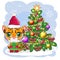 Cartoon tiger in a hat and scarf with a gift near the Christmas tree. Winter time. Children's style, sweetheart. Happy